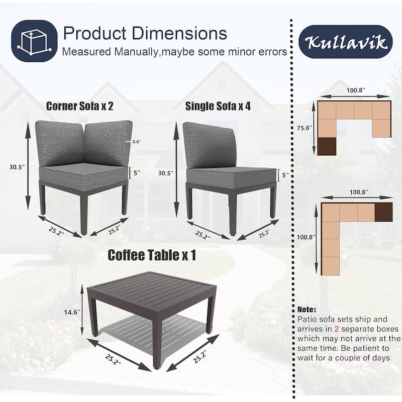 Kullavik 7 Piece Outdoor Furniture Set, Modern Metal Sectional Sofa with Thick Cushions and Coffee Table