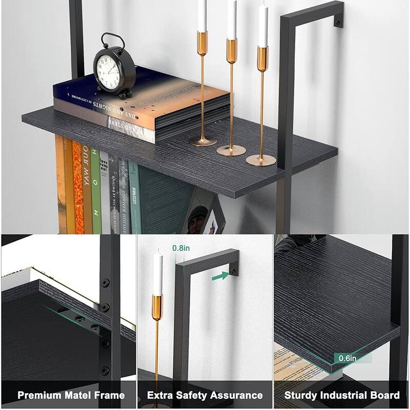 5-Shelf Wood Ladder Bookcase with Metal Frame Modern Tall Display Shelf Racks