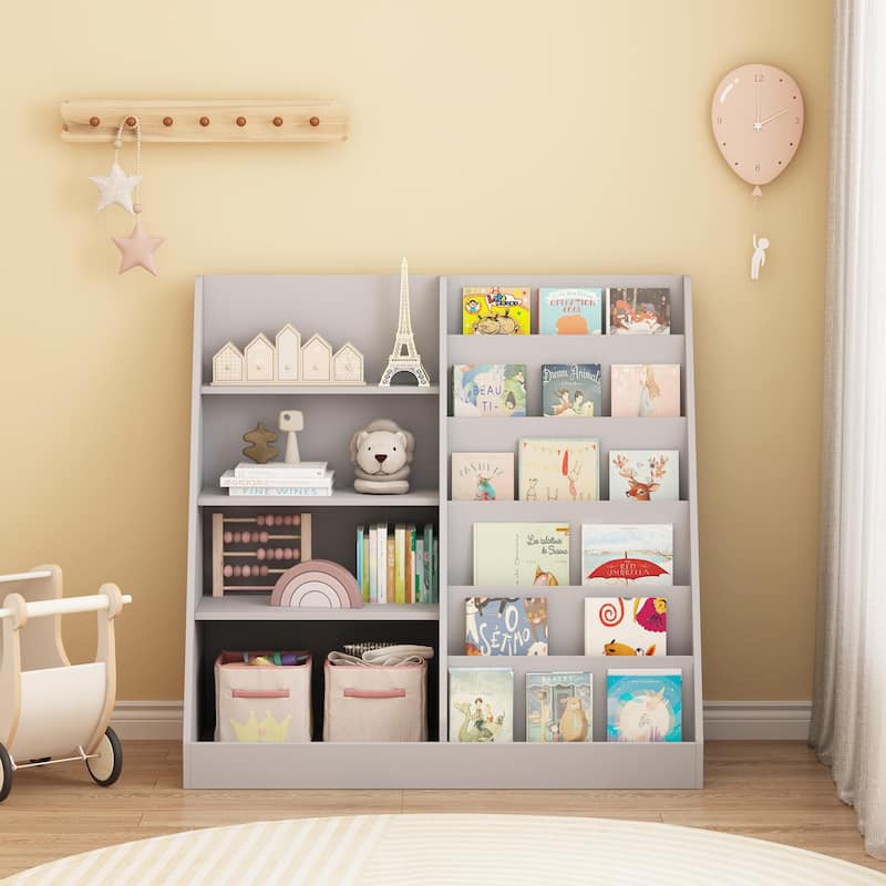 Kids Bookshelf and Toy Storage Organizer, Multifunctional 4 Tier Wooden Kids Book Shelf with Bookcase Display Stand