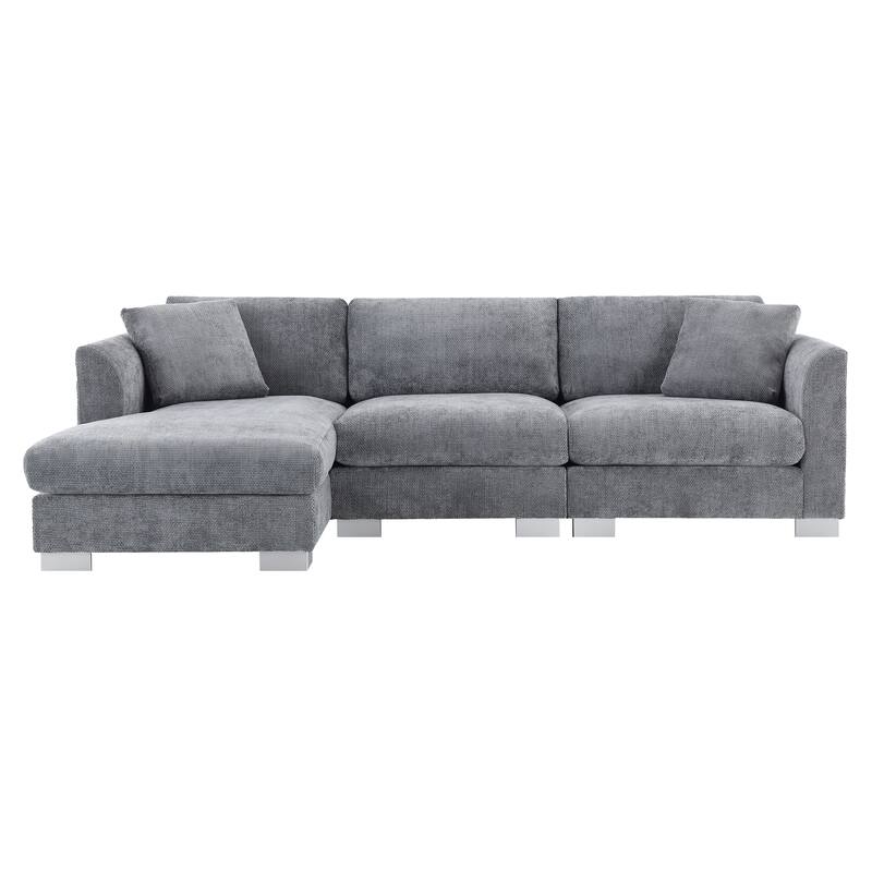 L-Shaped Sectional Sofa with Chaise Lounge, Oversized Chenille Upholstered Sofa, 4 Seater Sofa with 2 Throw Pillows