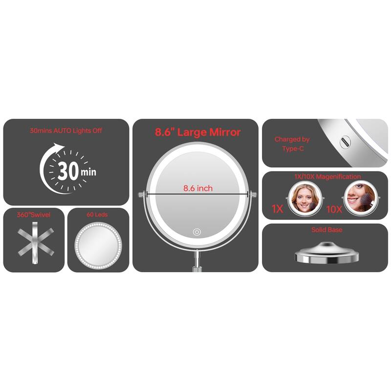 9" Lighted Makeup Double Sided 1X/10 Magnification Mirror, 3 Lighting