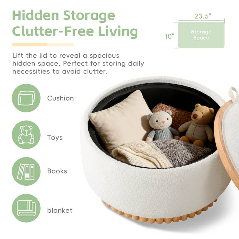 Roomfitters 29 Inch Round Storage Ottoman with Reversible Wooden Tray Top, Upholstered Coffee Table for Living Room