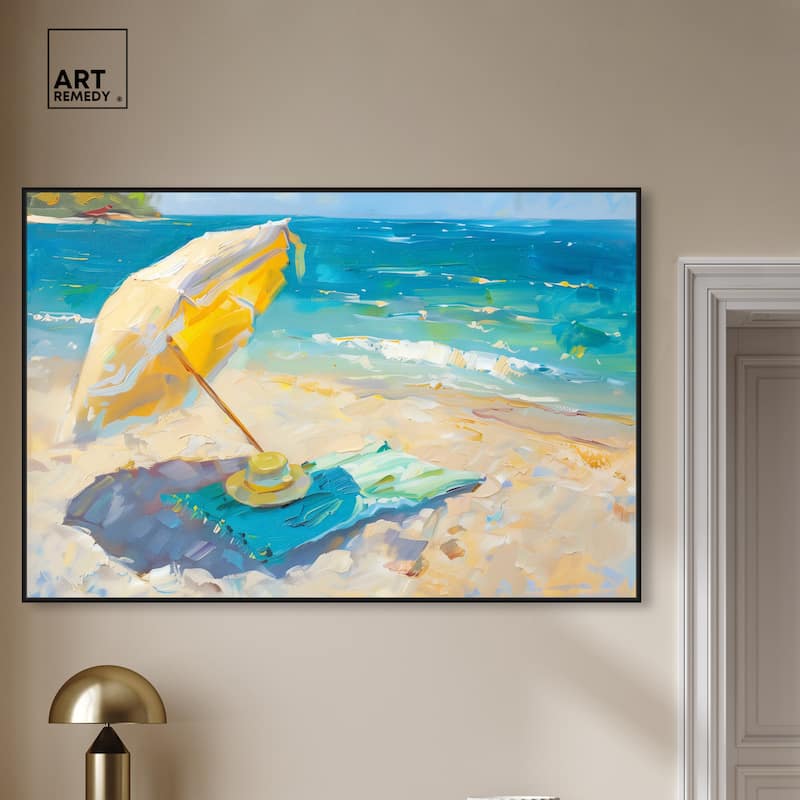 Art Remedy Morning Beach View Framed Colorful Coastal 1 Piece Canvas Wall Art