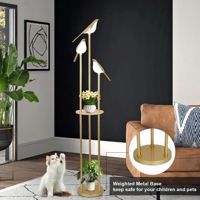 Gold Modern Floor Lamp with Shelves - Mid-Century Standing Lamp with 3 Adjustable LED Bird Lights