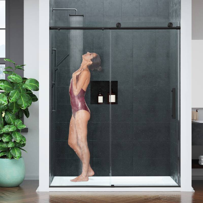 Mountain 60-inch Reversible Frameless Sliding Deco-Glass Shower Door with Soft-Close System