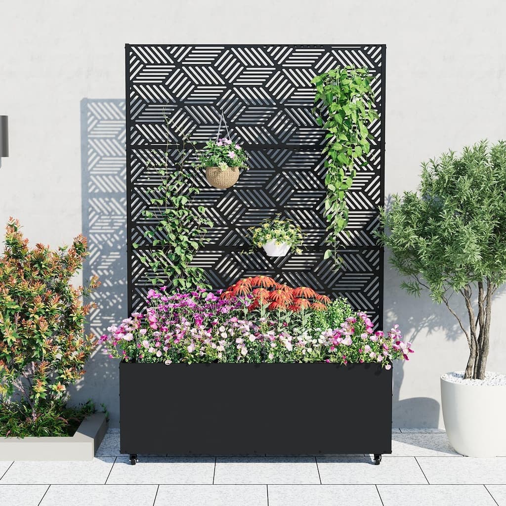 Metal Privacy Screen Planter Box, Raised Garden Bed for Climbing Plants, Veggies, Parallel Style With Wheels