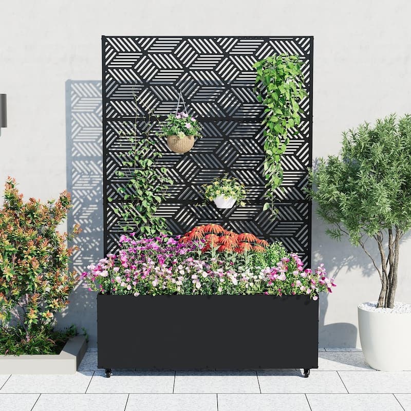 Metal Privacy Screen Planter Box, Raised Garden Bed for Climbing Plants, Veggies, Parallel Style With Wheels - Black