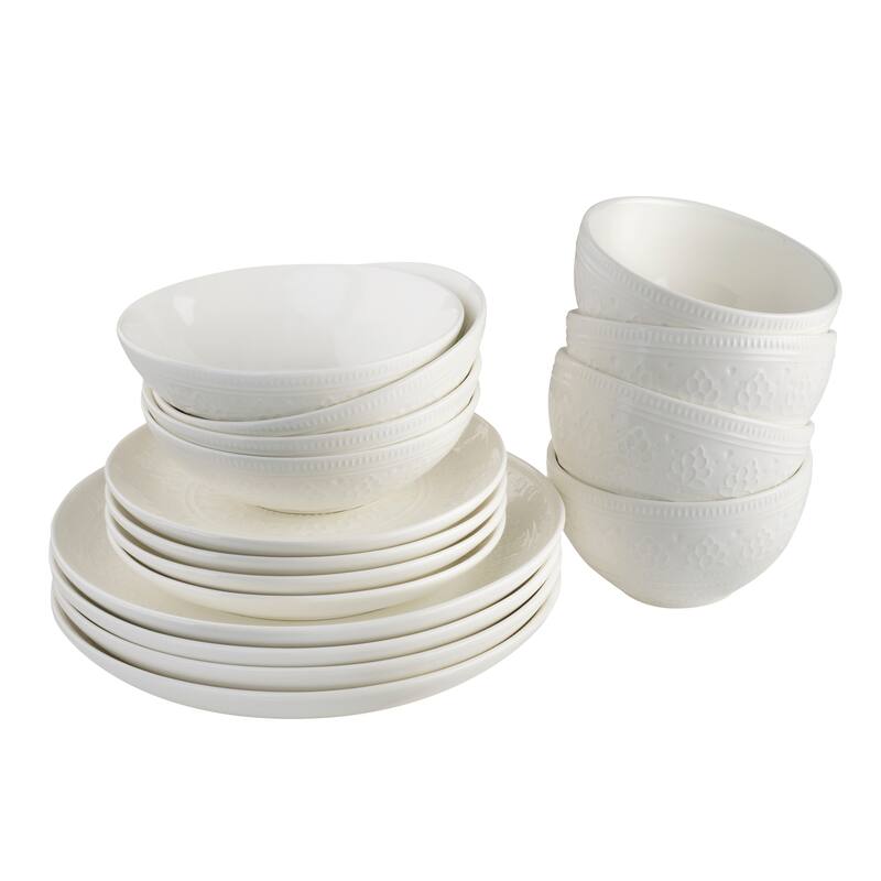 Euro Ceramica Fez 20 Piece White Drink & Dine Set (Dinnerware + Clear Highball Glasses)