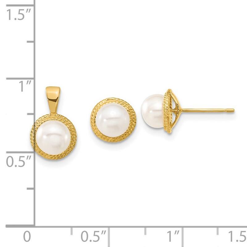 Curata 14k Yellow Gold 5-6mm White Button Freshwater Cultured Pearl Earrings and Pendant Necklace Set