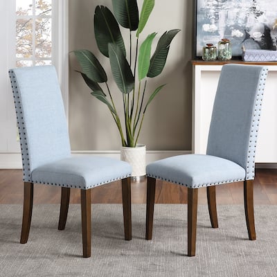 Luxury Fabric Upholstered Dining Chair Set of 2, Modern Kitchen High Back Side Chairs with Copper Nails Decoration and Wood Legs