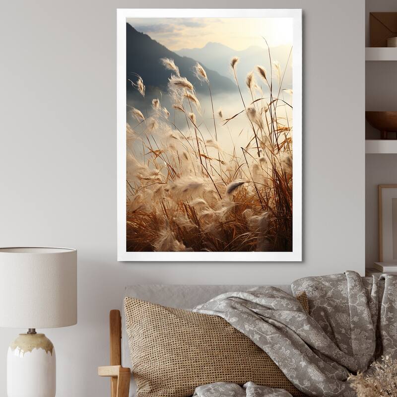 Designart "Ivory Island Meadows Mountain View" Palms & Palm Trees Framed Canvas Prints - 34 in. wide x 44 in. high - White