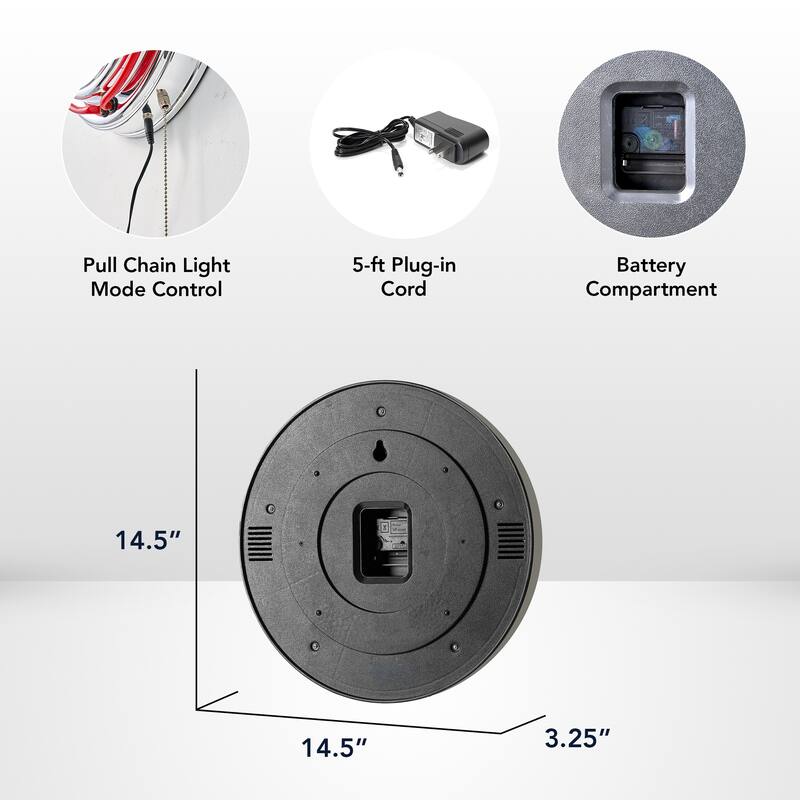 Shelby Retro Round Neon Wall Analog Clock with Pull Chain - 14.5" - 14.5" H x 14.5" L x 3.25" D