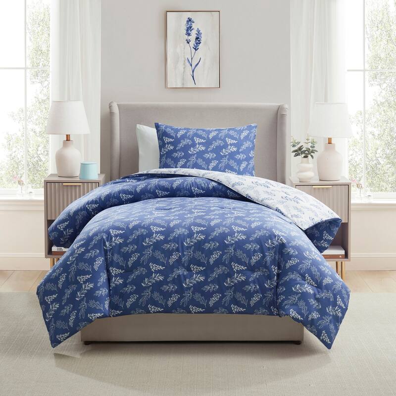 Empyrean 3PC Reversible Botanical Printed Comforter Bedding Set - Slate Blue - Twin