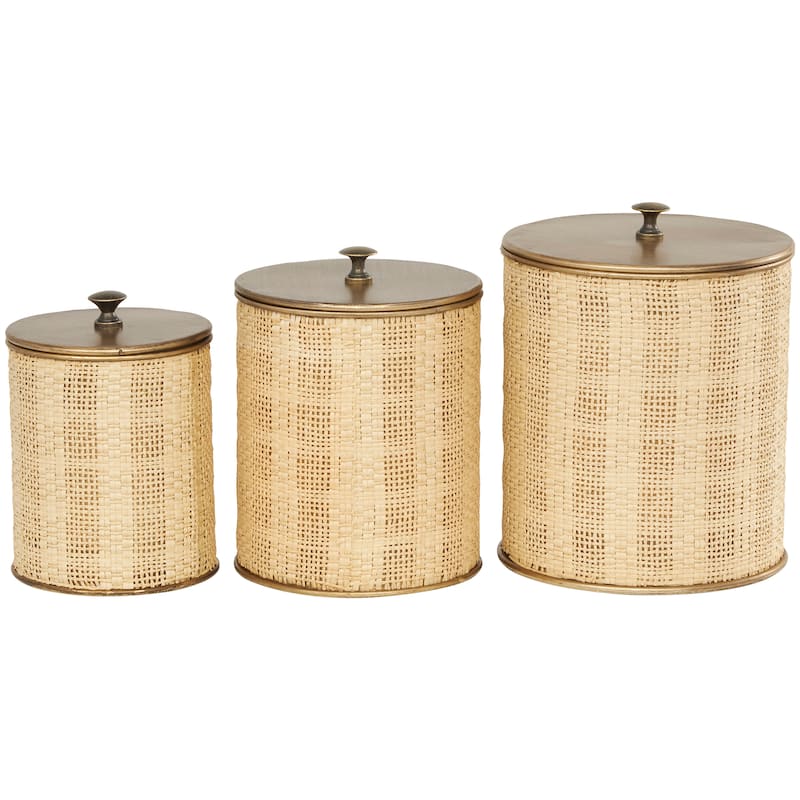 Beige Metal Handmade Woven Living Room Decorative Jars with Bronze Metal Lids (Set of 3)
