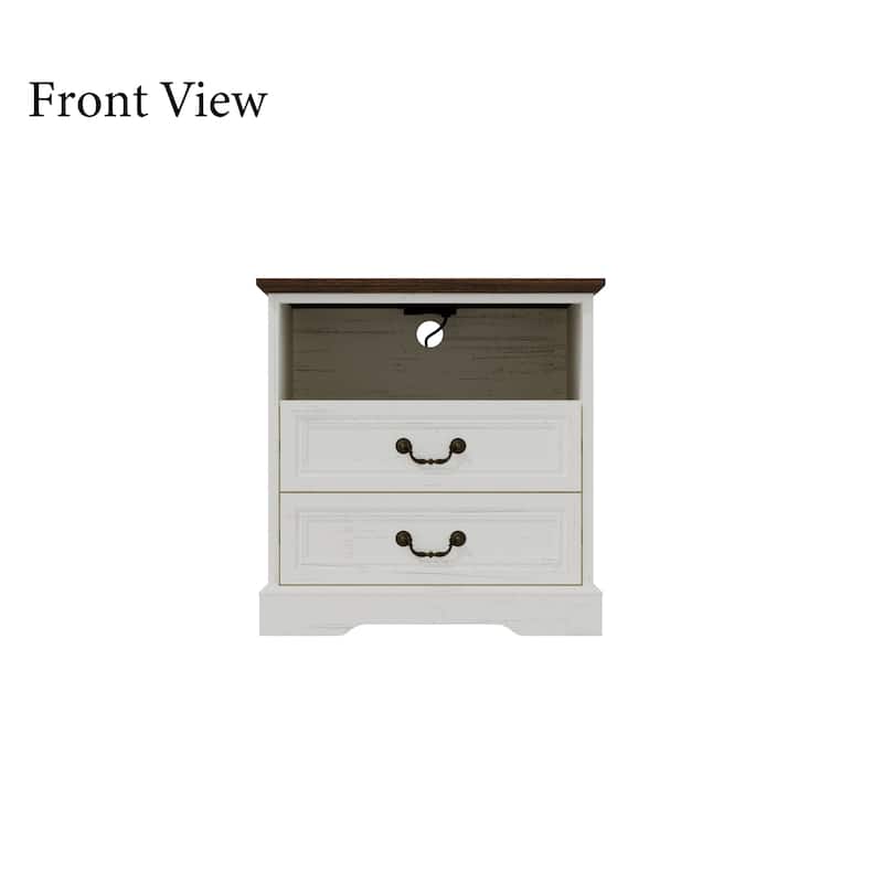 Farmhouse Nightstand with 2 Drawers, Open Shelf & Power Port, Rustic Bedside Table, Antique Brass Handles, White/Grey