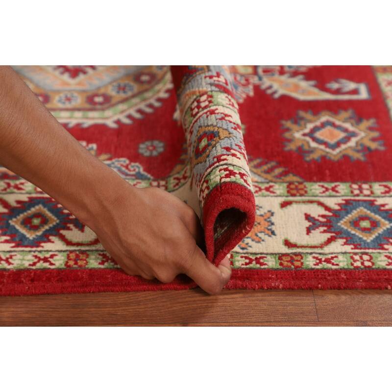 Geometric Red Kazak Accent Rug Handmade Wool Carpet - 3'2" x 5'1"