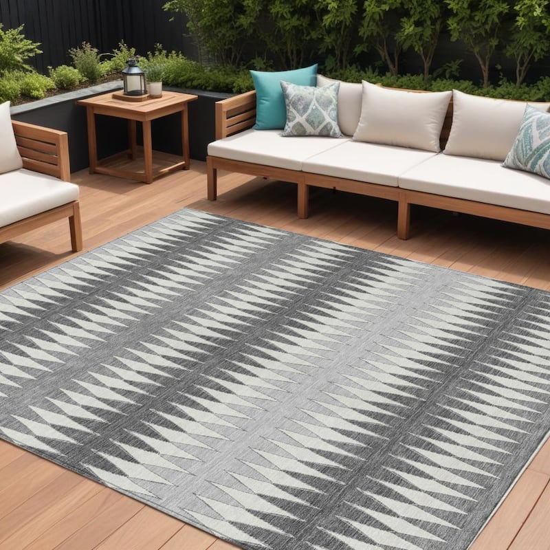 Gray And Ivory Striped Washable Indoor Outdoor Area Rug - 8' X 10' - 8' X 10' - Grey/Ivory