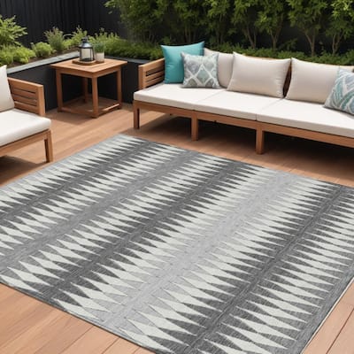 Gray And Ivory Striped Washable Indoor Outdoor Area Rug - 8' X 10'