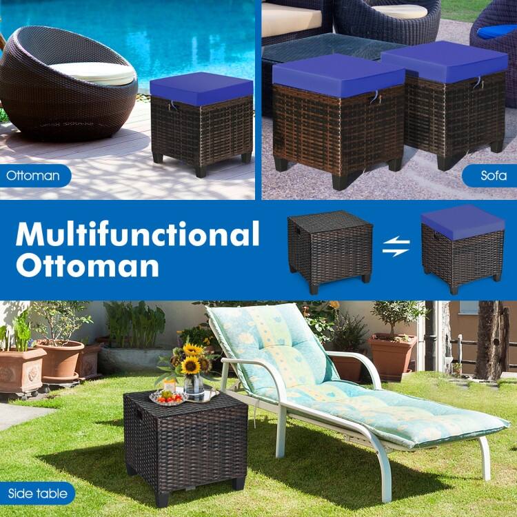 2PCS Patio Rattan Ottoman Cushioned Seat-Navy - 16" x 16" x 18" (with cushion)