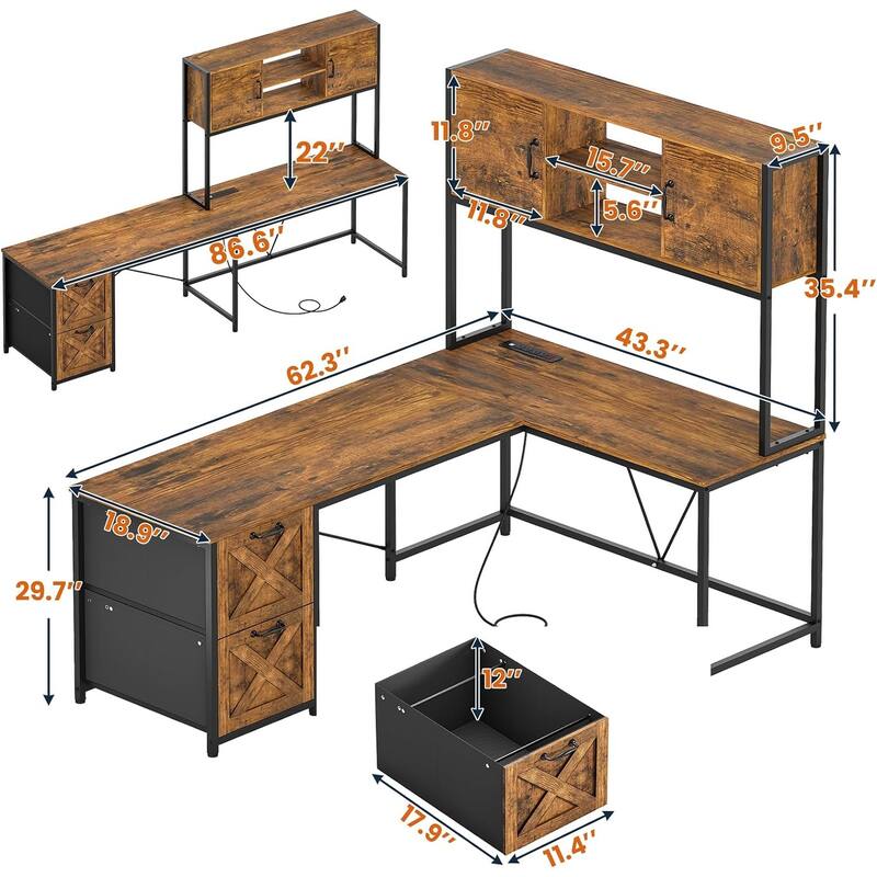 L Shaped Computer Desk with Drawers Corner Gaming Desk storage shelves