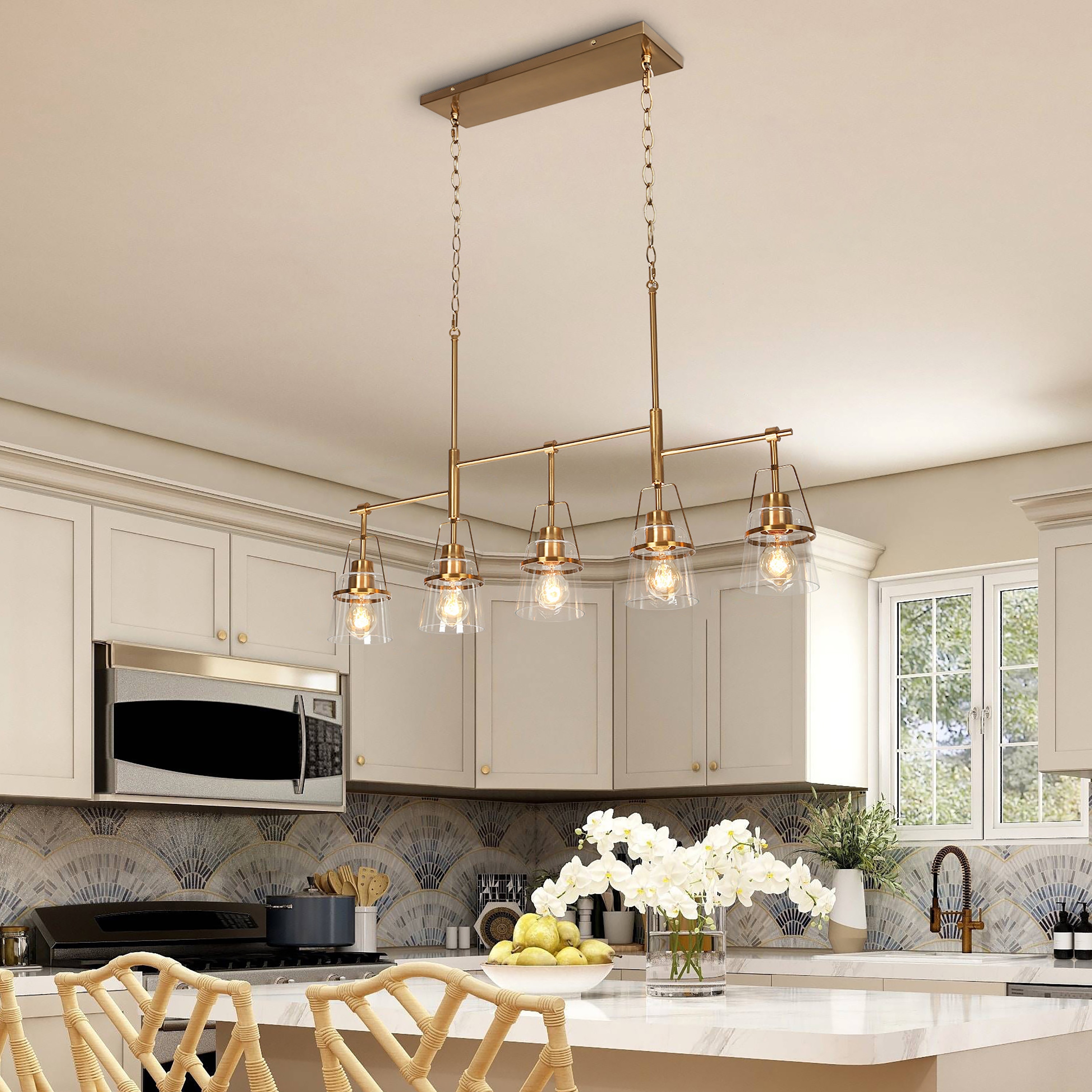 Modern Gold 5-Light Linear Island Chandelier Glass Pendant for Kitchen Island Dining Room - L 37.4" x W 5" x H 22.8"
