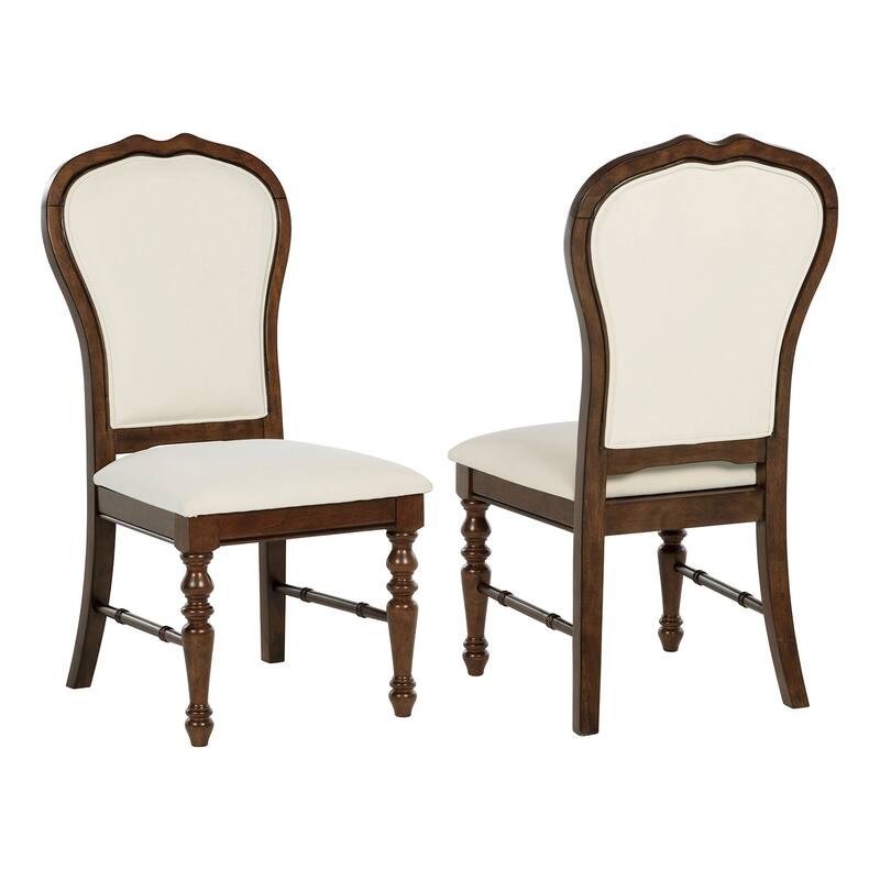 Set of 2 Upholstered Dining Side Chairs with Turned Legs in Rich Brown and Ivory - Dining Height - Rich Brown/Ivory - Set of 2
