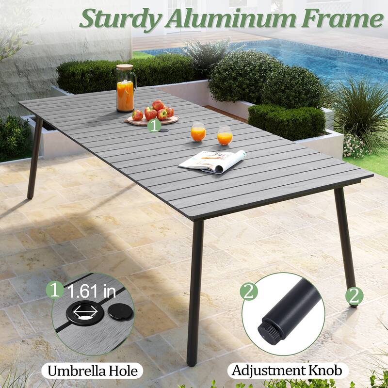 Outdoor 9PC- Patio Rectangular Aluminum Dining Table Sets with Umbrella Hole with Rattan Chair