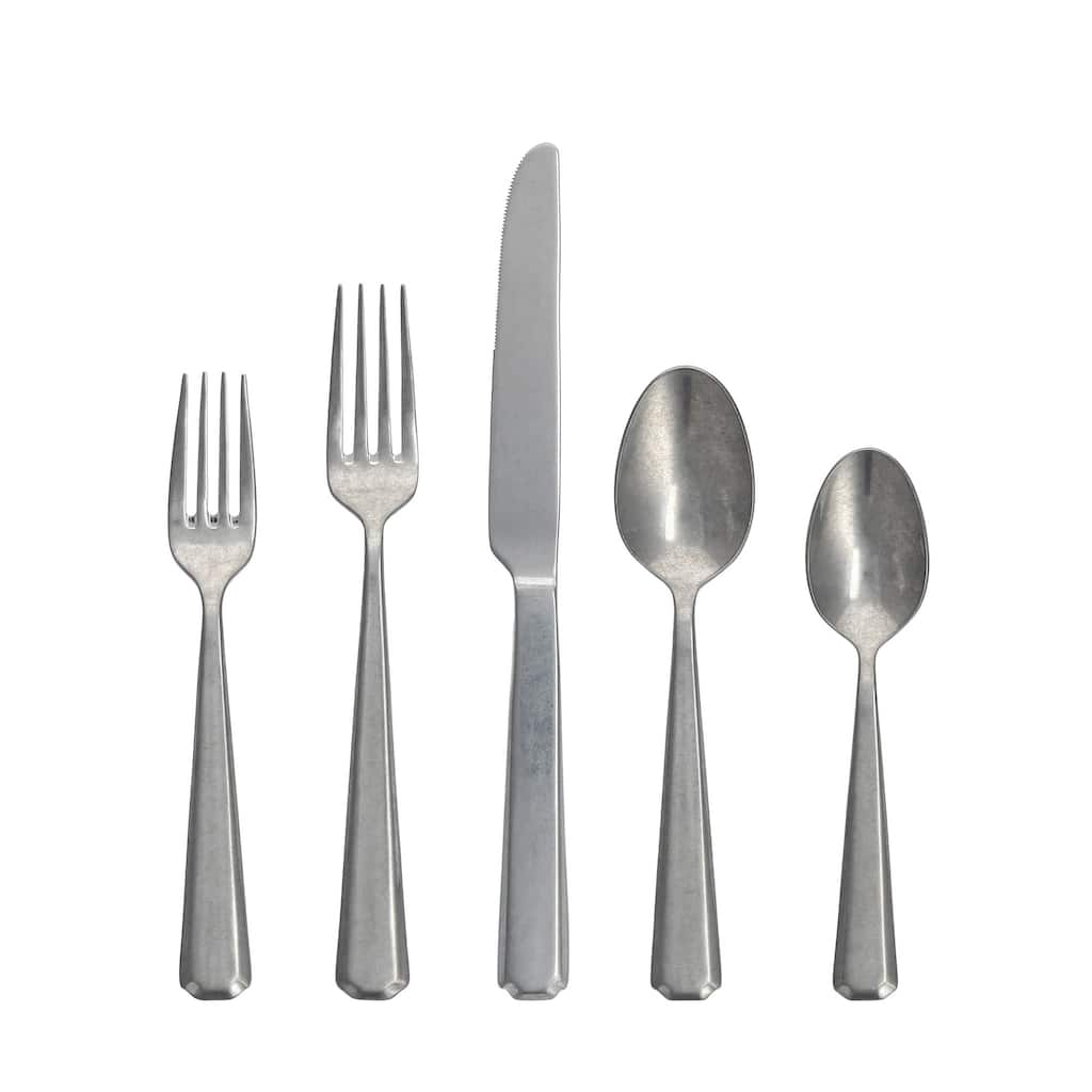 Fortessa Valen Antiqued 18/10 Stainless Steel, 20 Piece Flatware Set (Service for 4), Antiqued Silver - 20 Piece Set