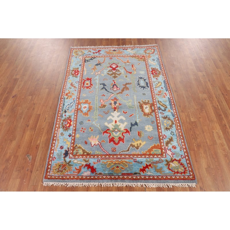 Light Blue Oushak Indian Foyer Rug Handmade Wool Carpet - 4'0"x 5'11"