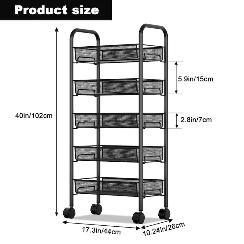 5-Tier Utility Rolling Cart On Wheels Storage Shelf for Narrow Space, Kitchen