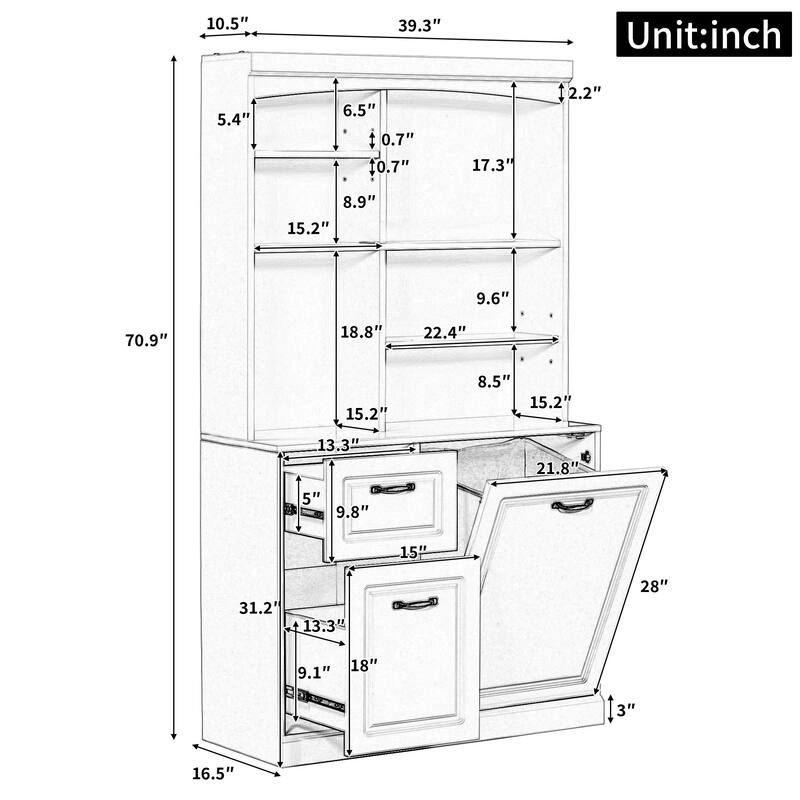Bathroom Storage Cabinet with Tilt-Out Hamper, 70.9'' Tall Free Standing Organizer with Drawers & Adjustable Shelves