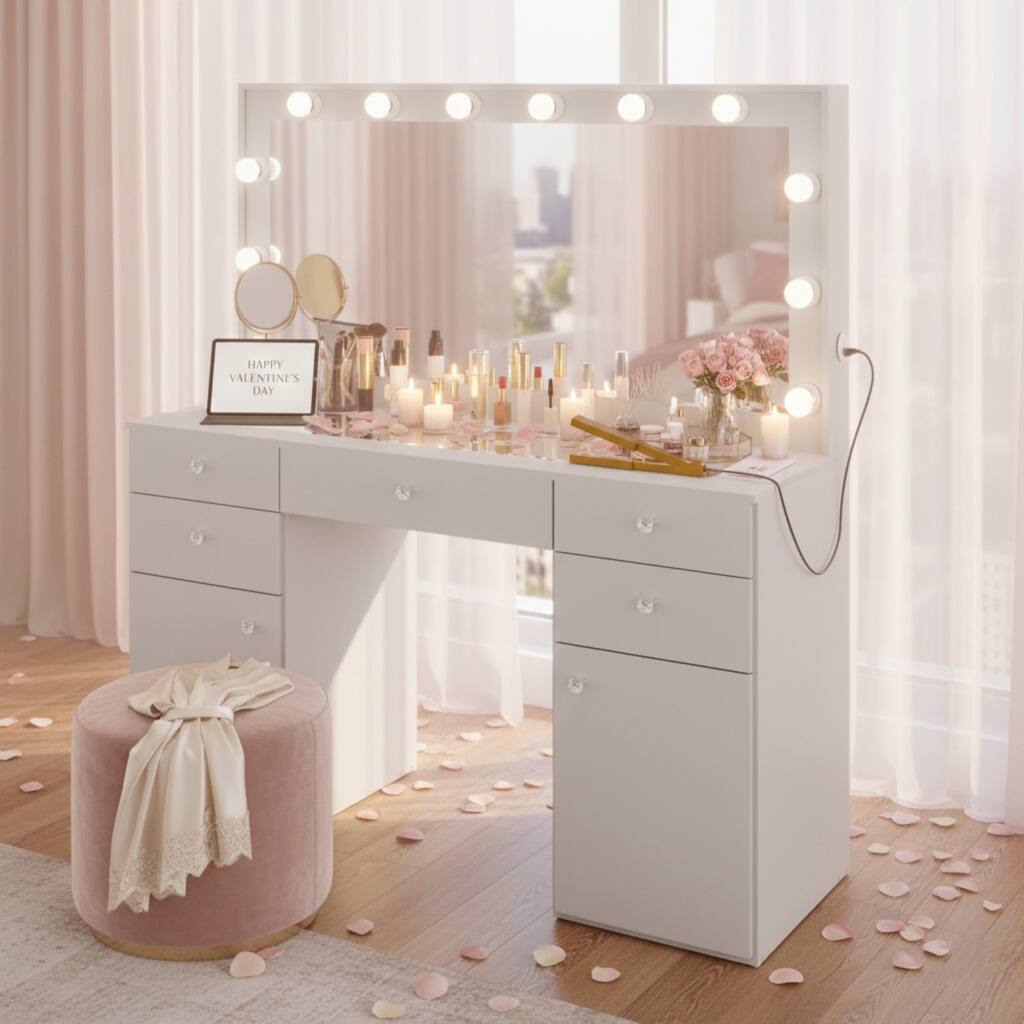 Makeup Vanity Desk w/ Free Black Storage Stool, 12 LED Bulbs, 5 Drawers, 2 Doors, Glass Top, USB Ports