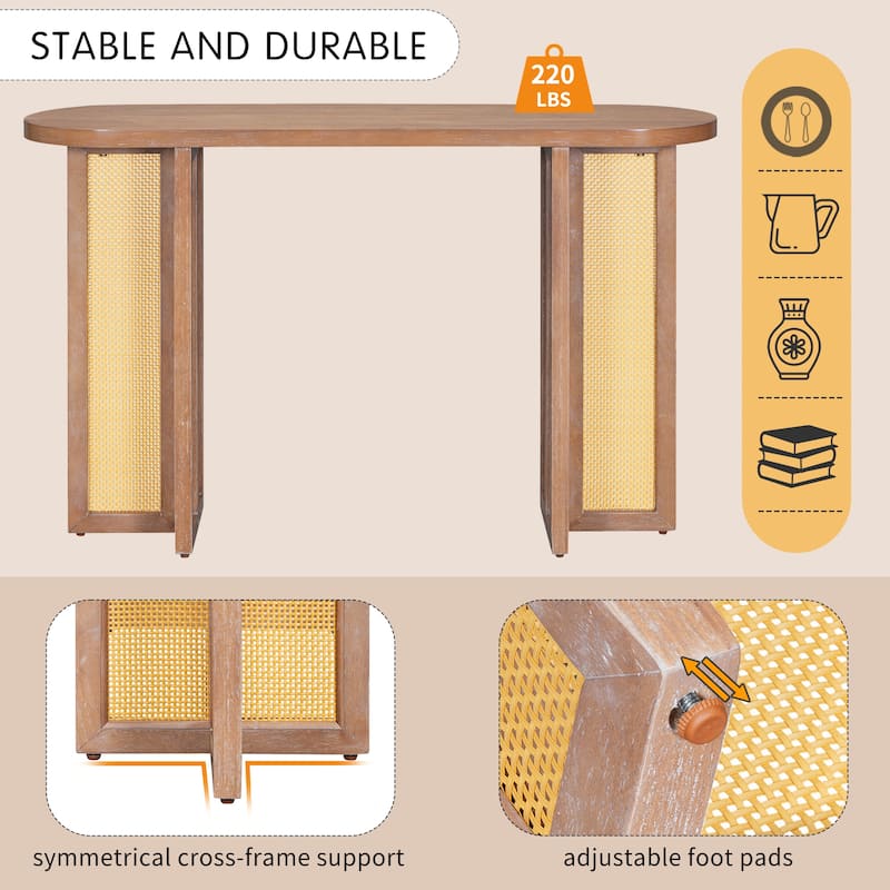 Boho Rattan Console Table, 47.8" Entryway Sofa Table with Oval Top, Narrow Hallway Table for Living Room, Entrance