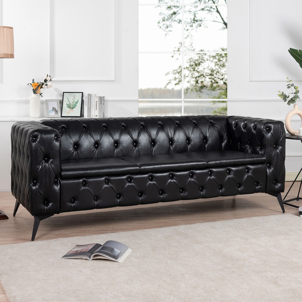 PU Leather Upholstered 3 Seater Sofa, Tufted Sofa with Removable Cushions & Square Arms, Lounge Sofa Chair with Iron Legs