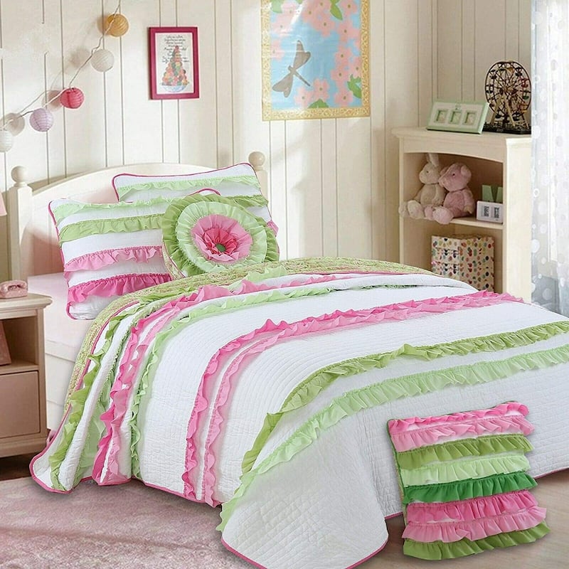 Cozy Line Charlotte Chic Pink Green Ruffle Quilt Bedding Set