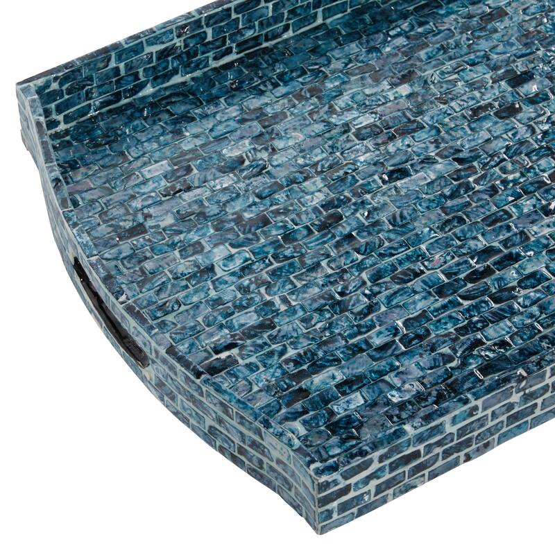 Blue Wood Living Room Decor Tray with Slot Handles (Set of 2) - 20 x 14 x 2