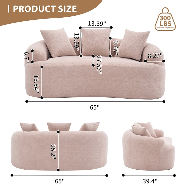 Chenille Deep Seat Loveseat Sofa, Full Compression Sponge Curved Loveseat Sofa, Cloud Floor Couch with 3 Pillows - Apricot Cream