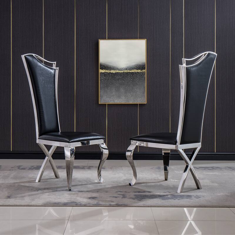 Set of 2 Leatherette/Velvet Unique Design Backrest Dining Chair with Stainless Steel Legs