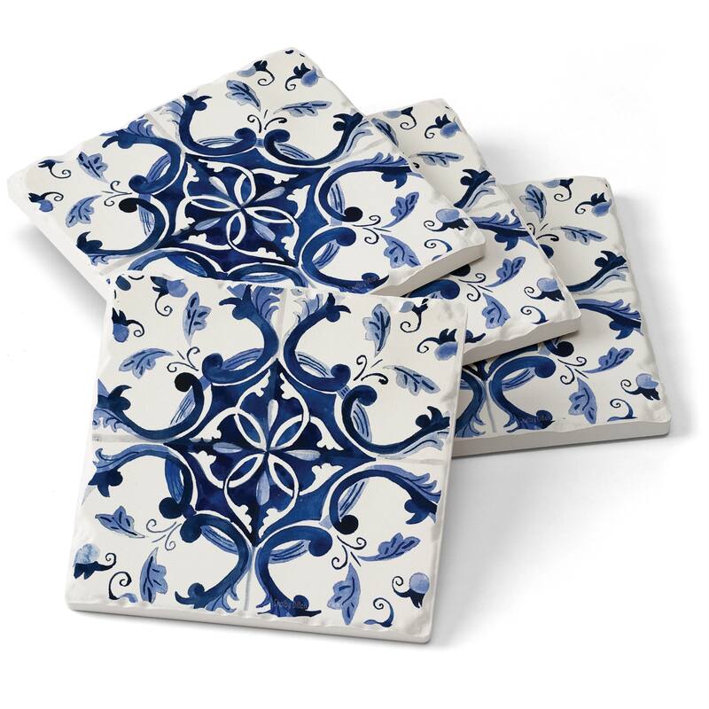 Counterart Absorbent Stone Coasters - Blue & White Tile - Set of 4 - 4x4x1.274