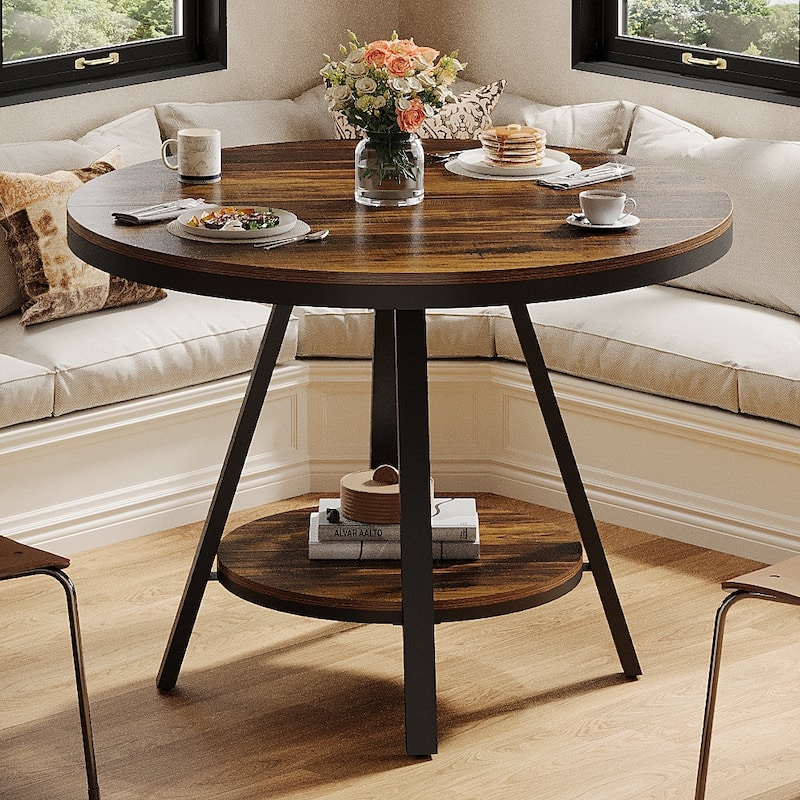 35'' Round Kitchen Dining Table for 2-4 People, Sturdy Metal Leg