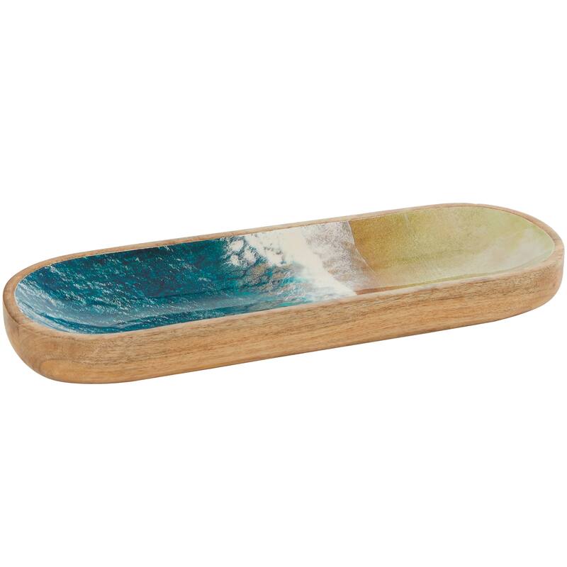 Brown Mango Wood Handmade Ocean Inspired Living Room Decor Tray with Colorful Enameled Interior