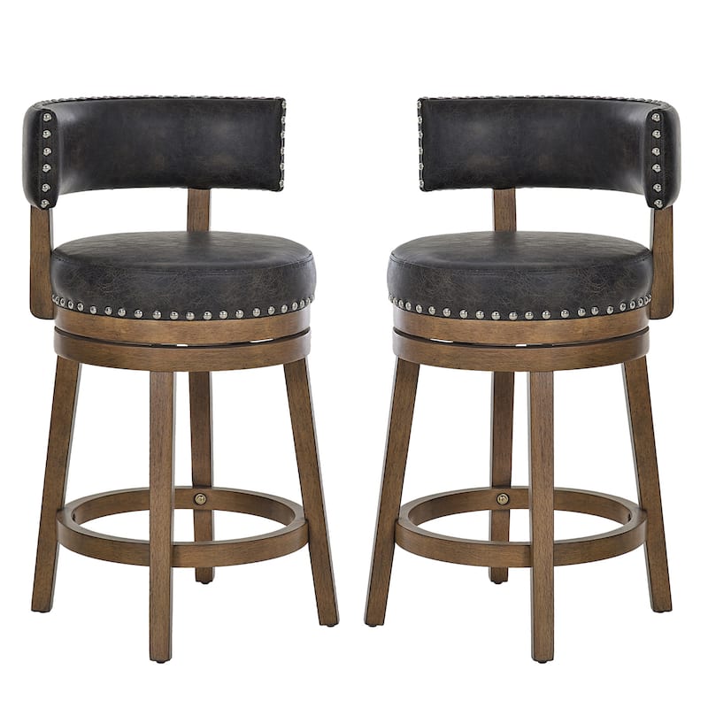 Modern Velvet Swivel Bar Stool - 25" or 30" Counter Height with Adjustable Footrest & Walnut Base, for Kitchen Islands - Set of 2 - Dark Brown - Counter Height