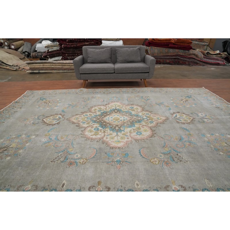 Hand Knotted Oriental 100% Wool Carpet Traditional Medallion Greys & Charcoal Tabriz Area Rug - 12' 3'' X 9' 1''