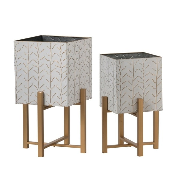 Set of 2 White and Brown Small Classic Planters with Stand 19.5" - N/A