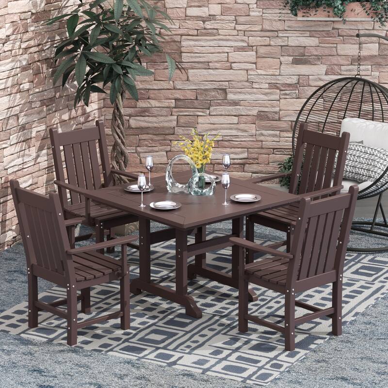 Laguna Hdpe All Weather Outdoor Patio Dining Set with Square Table, Arm Chairs (5-Piece Set) - Dark Brown