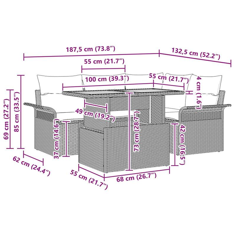 vidaXL 5 Piece Garden Sofa Set with Cushions - 73.8×52.2×27.2