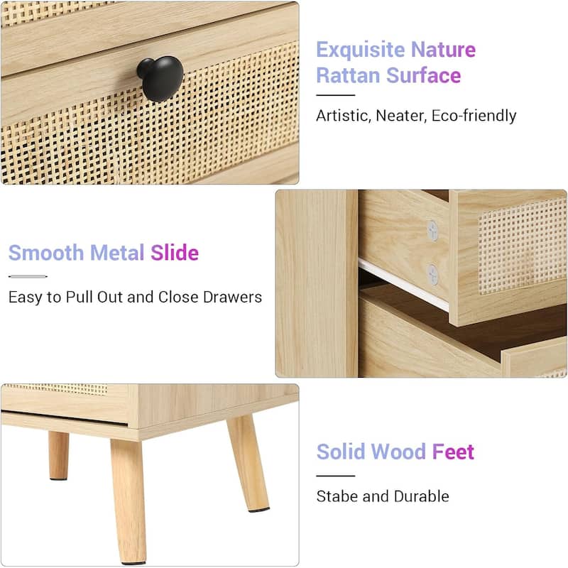 Rattan Nightstand for Bedroom Charging Station USB Ports LED Lights