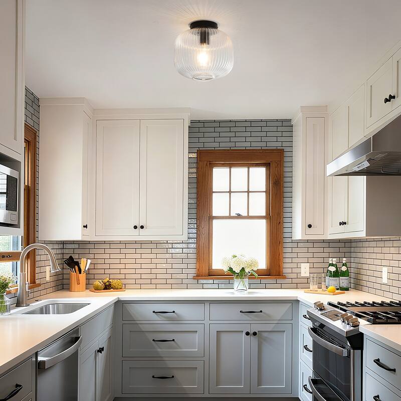 1-Light Mid-Century Modern Ribbed Glass Flush Mount Light