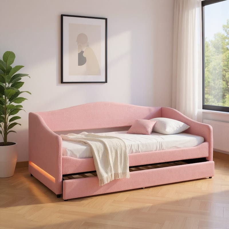 HomeRoots Pink Tufted Boucle Twin Day Bed With LED Lighting And Trundle And USB - Twin