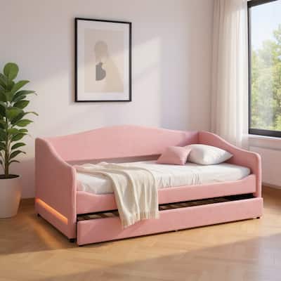HomeRoots Pink Tufted Boucle Twin Day Bed With LED Lighting And Trundle And USB